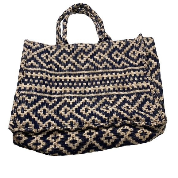H&M Jacquard-Weave Handbag Large-Sized Brown & Blue Canvas Open Tote Bag Jute - Picture 3 of 10